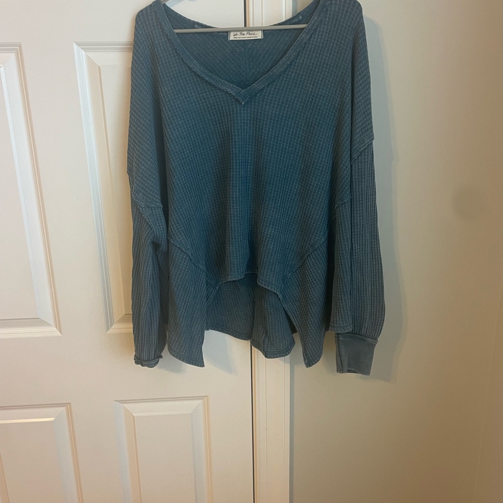 We The Free Blue Waffle Knit V-Neck Top